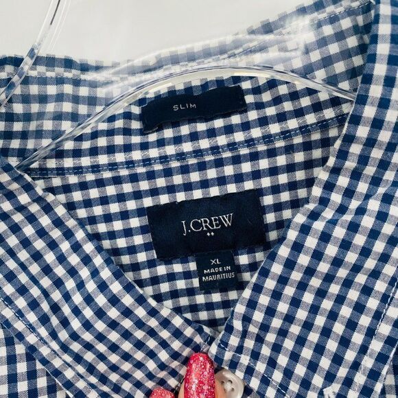 J. Crew Size XL Navy Blue White Gingham Plaid Slim Washed Button Down Shirt - Picture 5 of 6